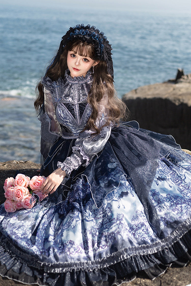 Asymmetric Classic Elegant Print Ruffled Bow JSK - Angel Garden