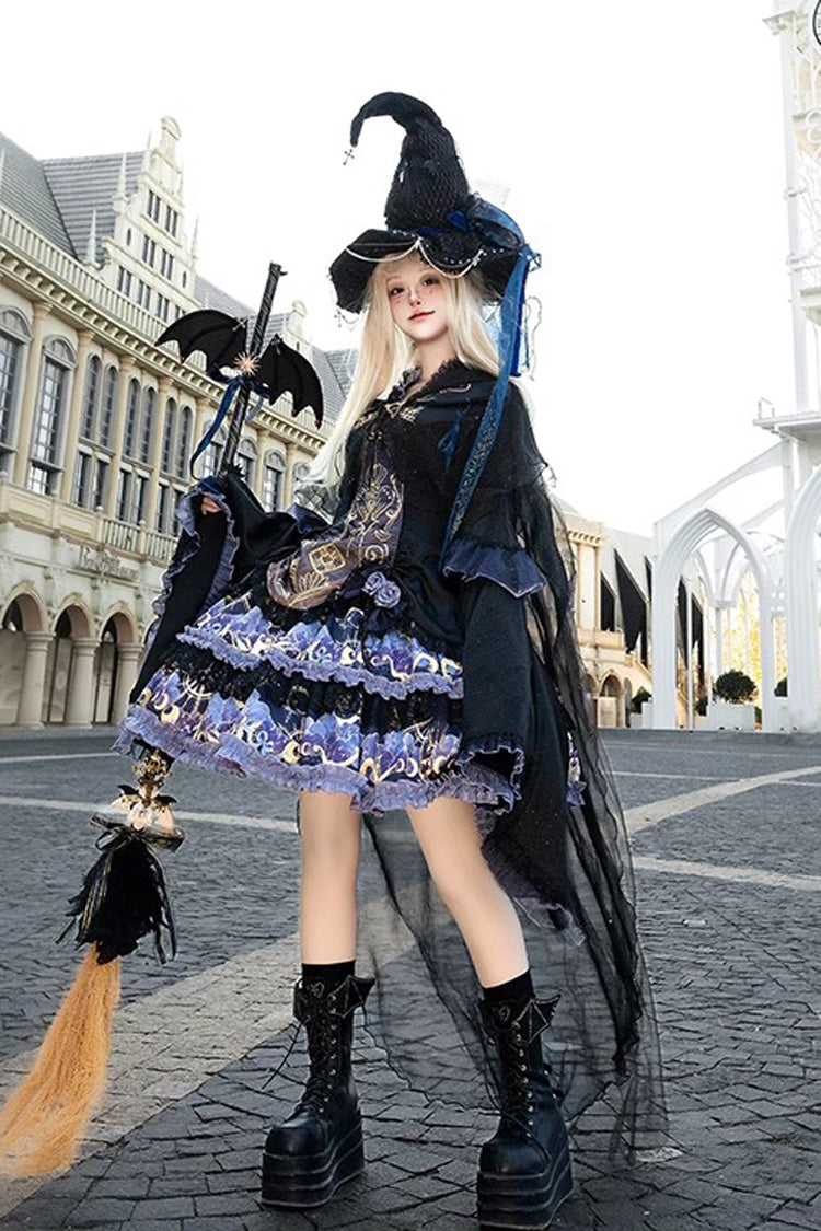 Double-Layered Print Ruffle Lace Gothic Dress - Astrology Cat