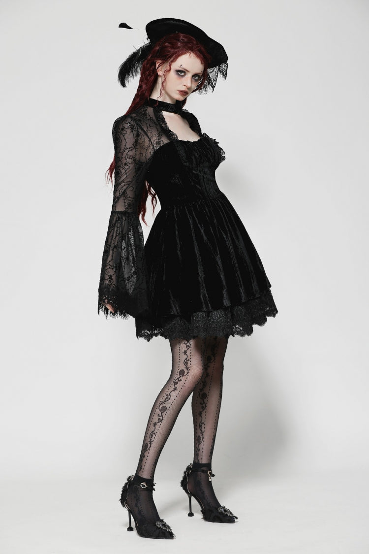 Floral Jacquard Lace-Up Mini Dress with Trumpet Sleeves and Cut-Outs