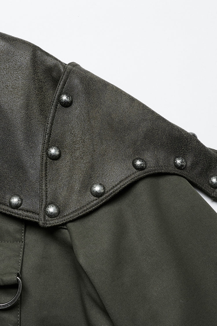Emerald Stand Collar Long Sleeve Stitching Faux Leather Gothic Military Jacket for Women