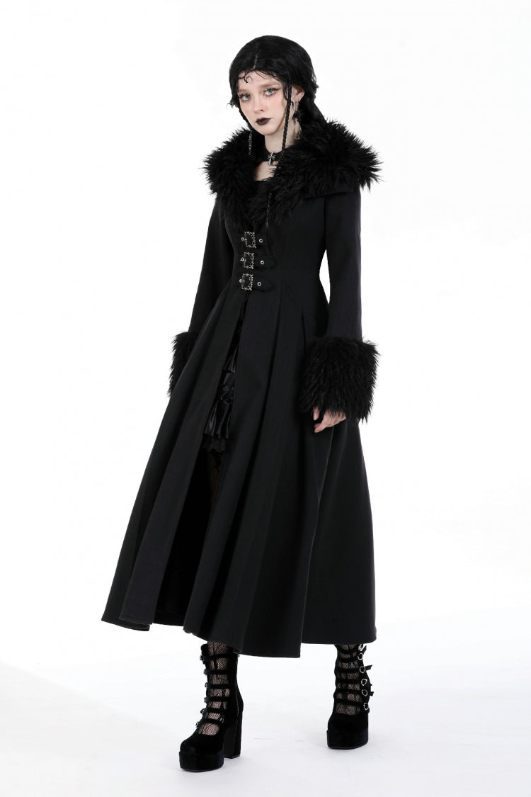 Gothic Draped Coat with Buckle Lace-Up, Faux Fur Collar, and Extended Sleeves