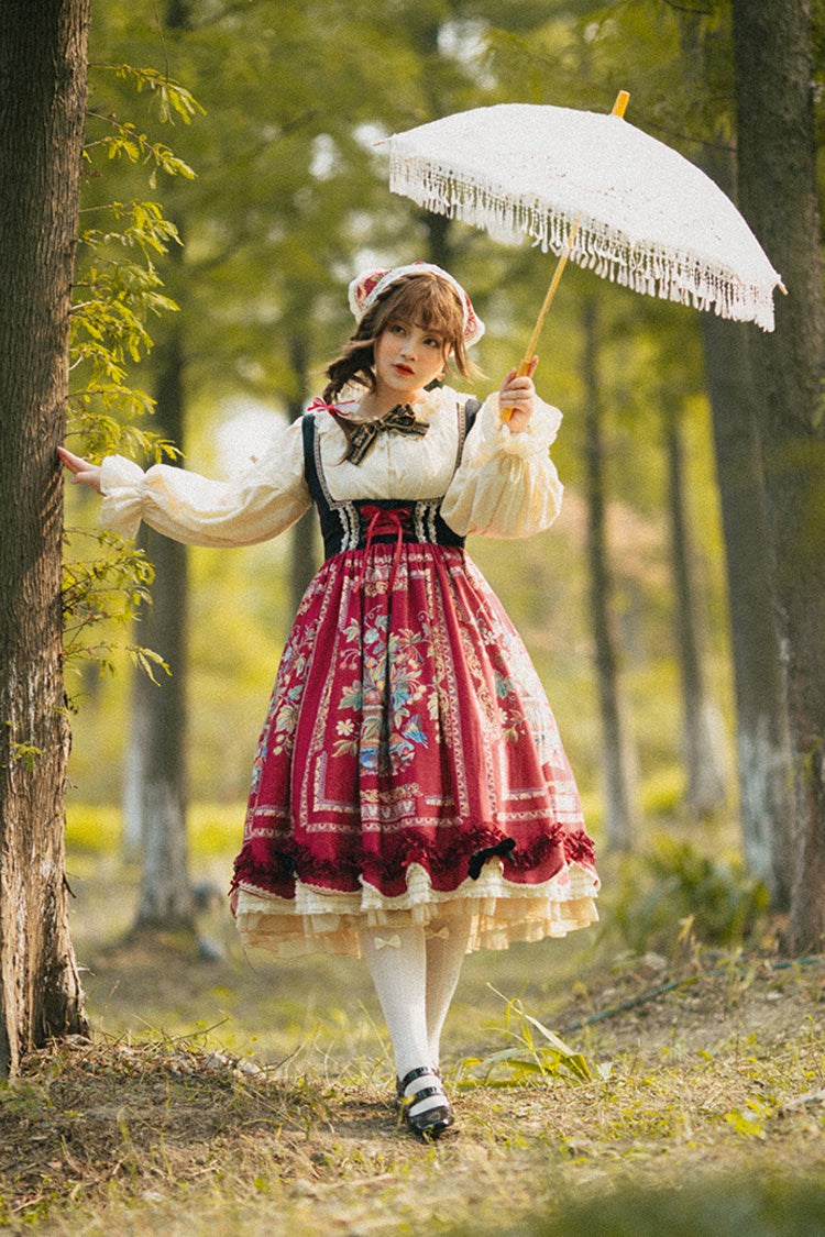 Burgundy Berries and Birds Print Ruffle Bow Velvet Classic Lolita Corset JSK Dress