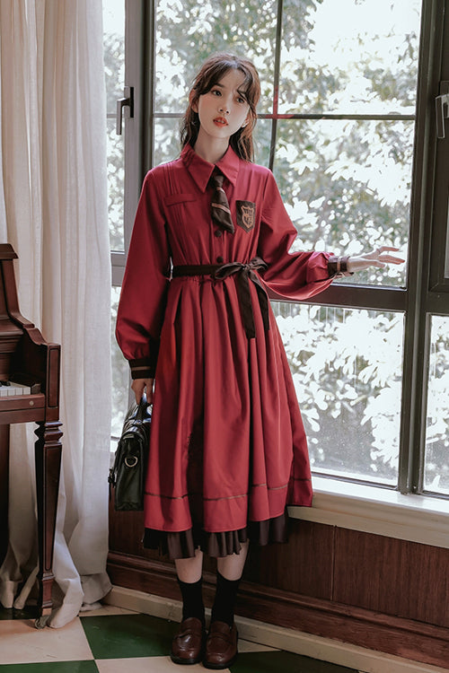 Vintage College Style Lapel Collar Long Sleeves Double Paneled Hem Sweet Lolita Dress