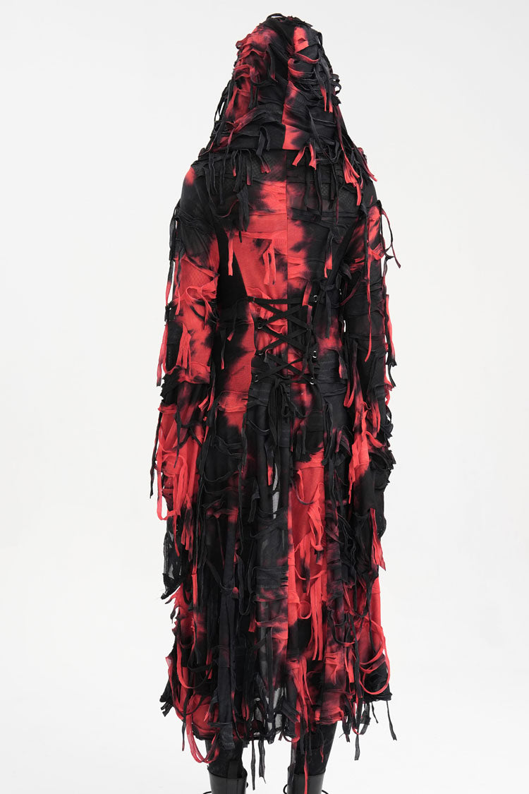 Crimson & Noir Long Sleeve Lace Distressed Zippered Punk Coat