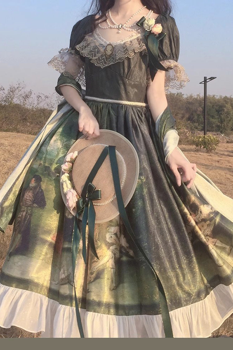 Emerald Short Sleeve Forest Dance Print Ruffle Elegant Sweet Lolita Dress