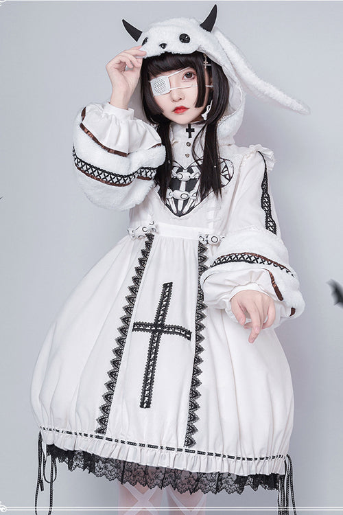 Gothic Lolita OP Dress with Detachable Hat, High Neck, Woolen Cuffs, Demon Rabbit