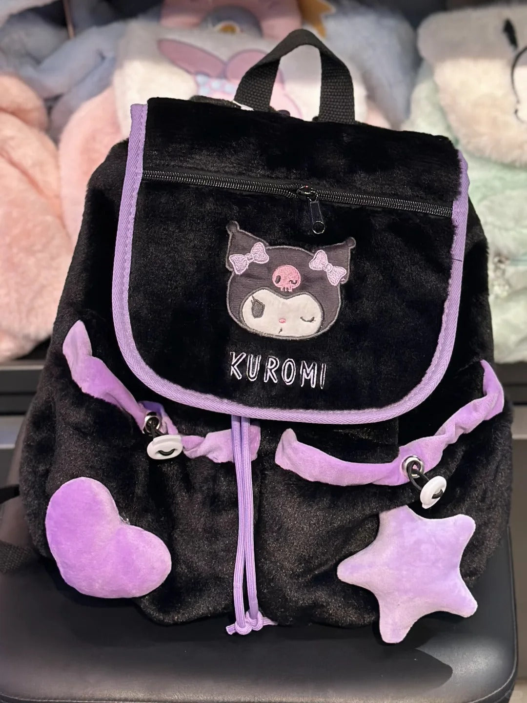 Sac à dos en peluche avec motif de cœur et d'étoile