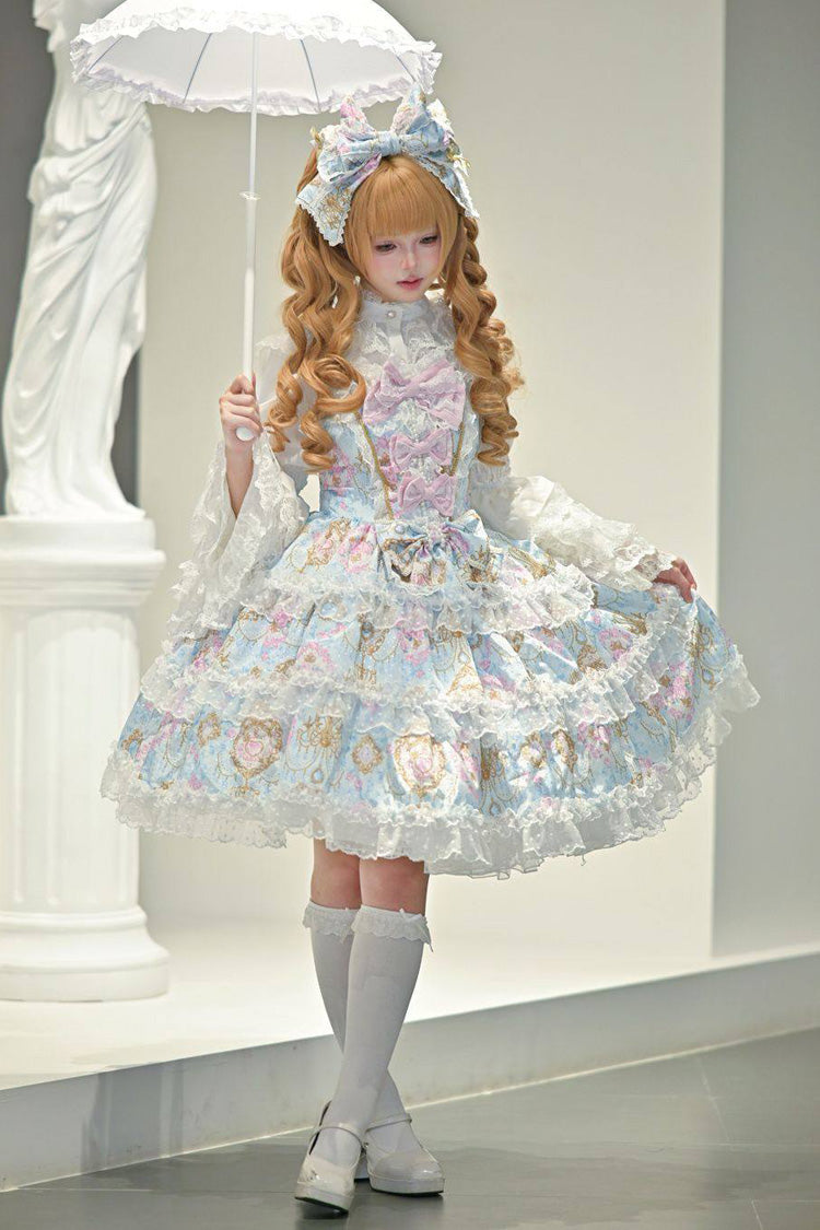 Triple-Layered Floral Wall Print Ruffled Bow JSK - Candelabrum Elegy