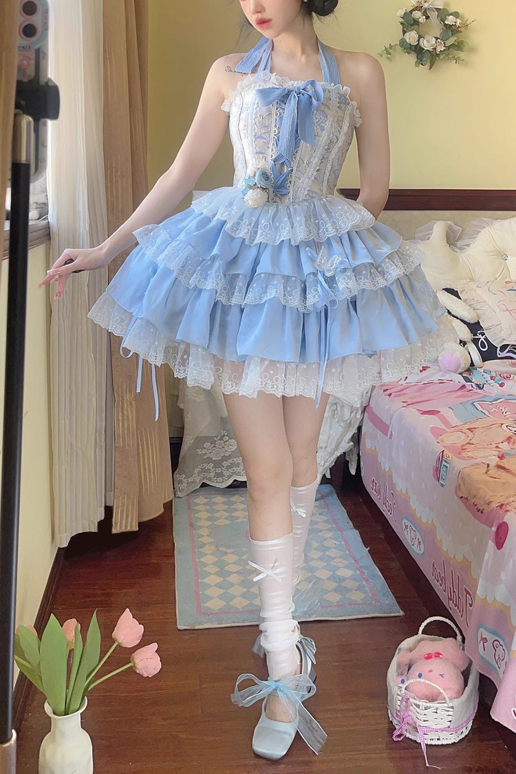 Sweet Lolita Jsk Skirt Set with Ballet Style Fishbone Lace Ruffle Bowknot in 2 Colors