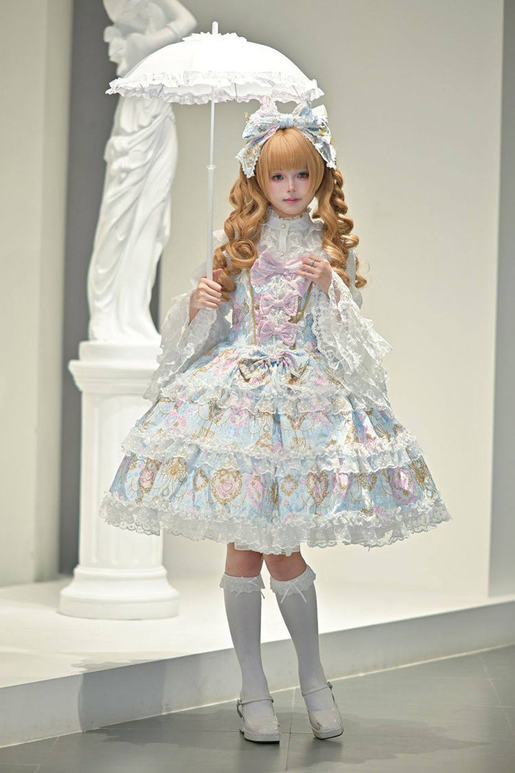 Triple-Layered Floral Wall Print Ruffled Bow JSK - Candelabrum Elegy