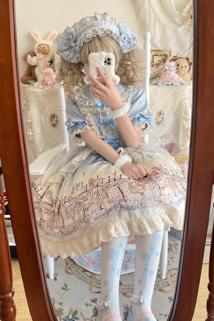 Lapel Collar Short Sleeve Printed Ruffled Bow Sweet Dress - Angel Lamb