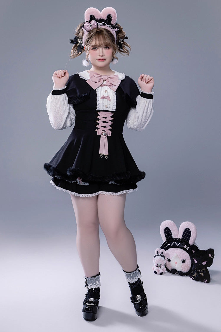 Jirai Kei Long-Sleeve Lace-Up Set with Ruffle Bow and Plush Shorts, Japanese Style
