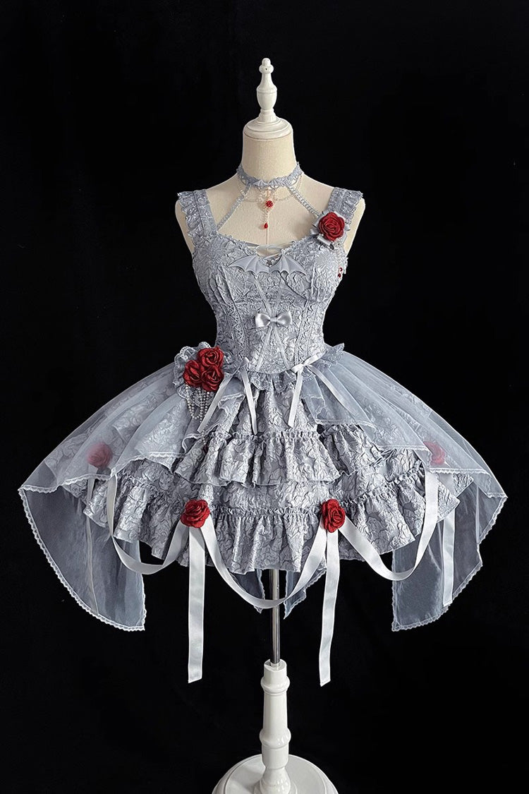 Crying Rose Double-Layer Ruffled Embroidered Bow Lace Gothic Ballet Lolita Skirt Set in 4 Shades