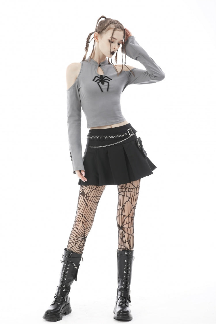 Jet-Black Chain-Trimmed Pleated Mini Skirt with Waistbelt