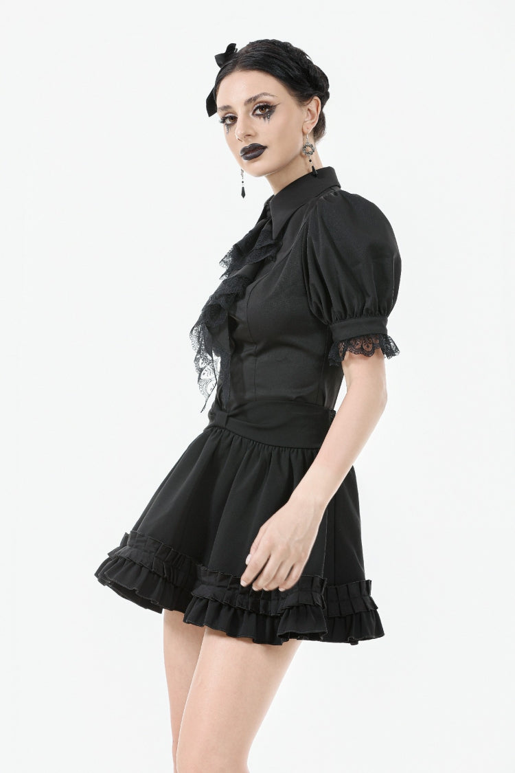 Lapel Collar Puff Sleeve Blouse with Removable Cravat - Gothic Edge