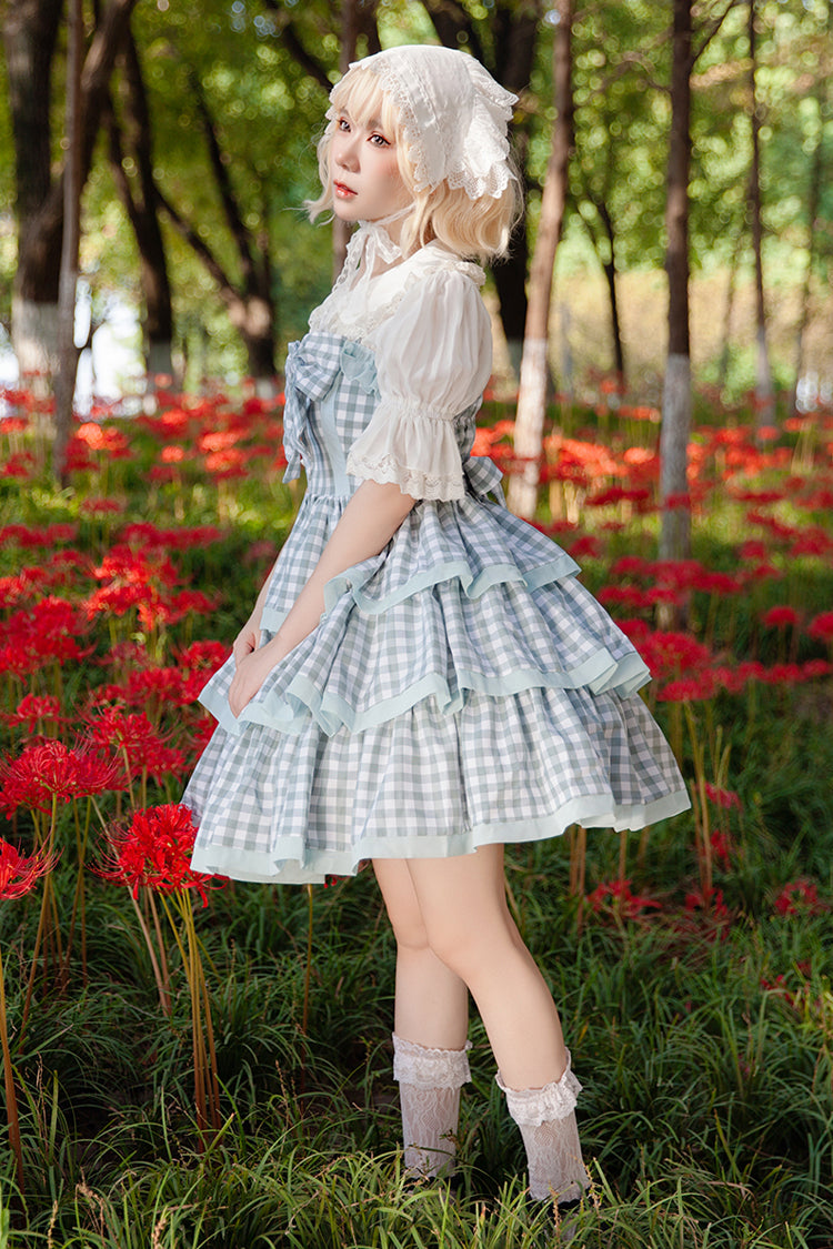 Triple-Layered Tartan Bow-Adorned Sweet Princess Gown with Ruffles - Cloth Cat