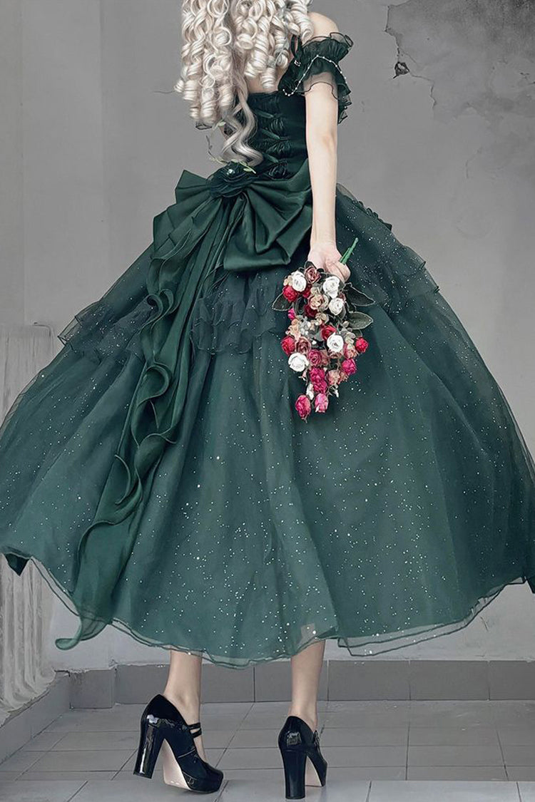 Emerald Bright Stars Off Shoulder Ruffle Bow Asymmetric Elegant Princess Lolita Gown