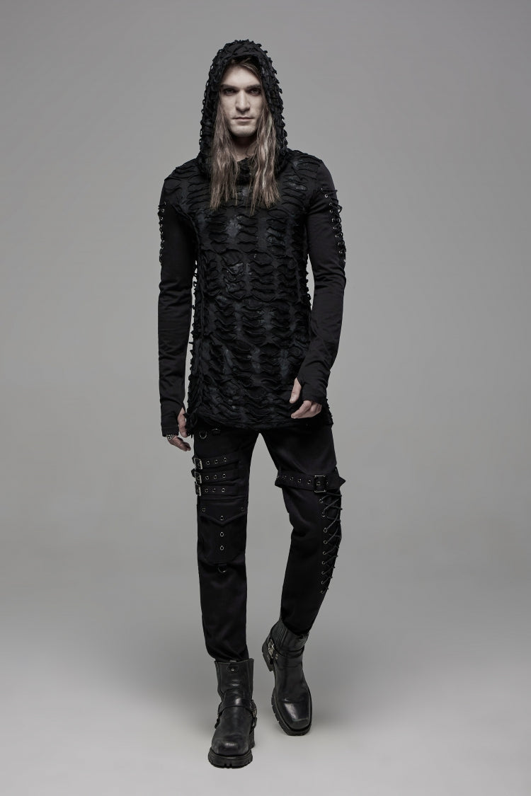 Gothic Cool Tee for Men with Lace-Up, Hood, Rips, and Pleats, Extended Sleeves
