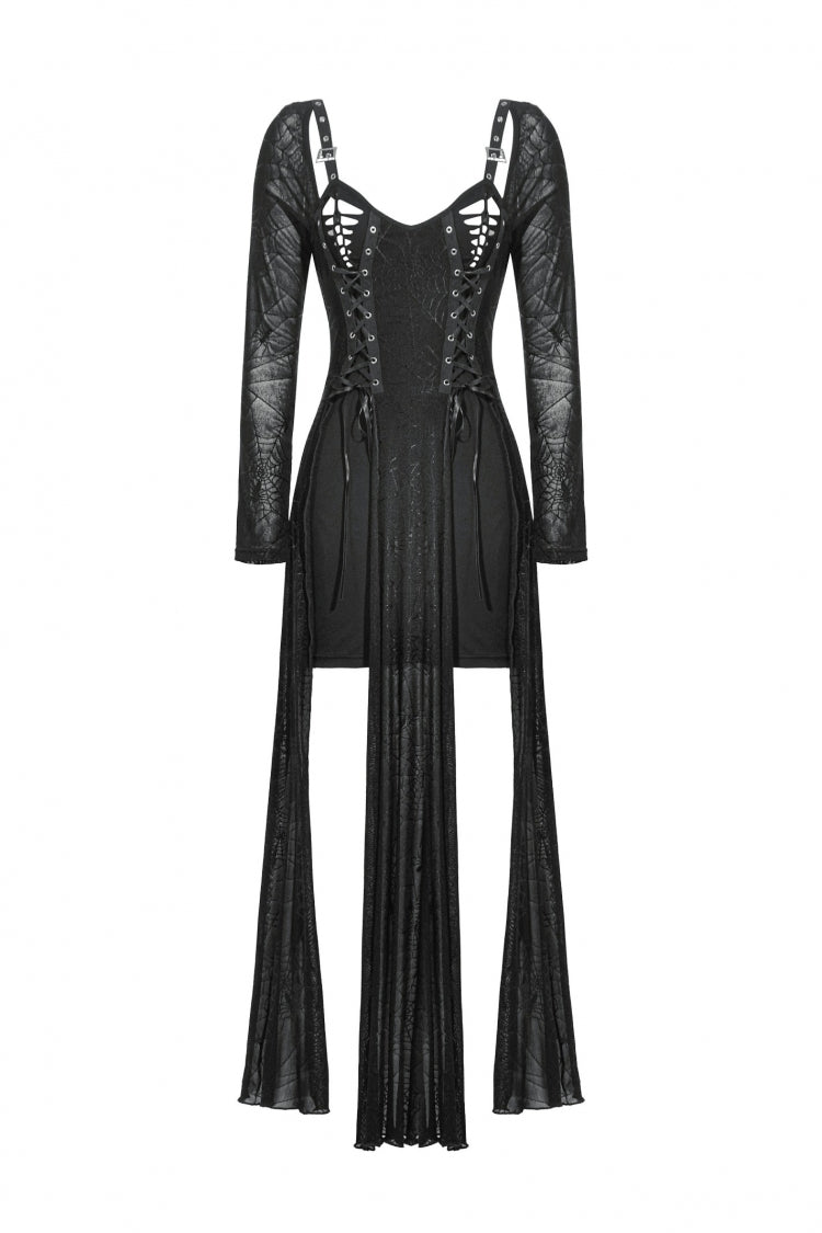 Elegant Witch Long Dress with Spiderweb Lace-Up and Extended Sleeves
