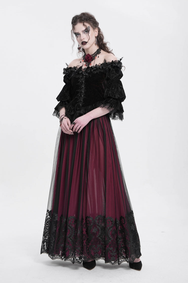 Crimson Gothic Blouse with Ruffled Sleeves and Lace-Up Front