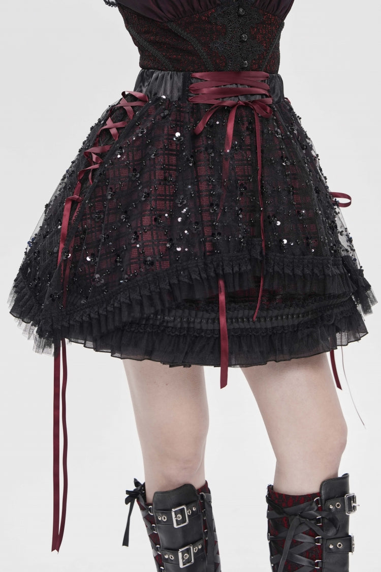 Crimson & Noir Multi-Layer Lace-Up Gothic Skirt