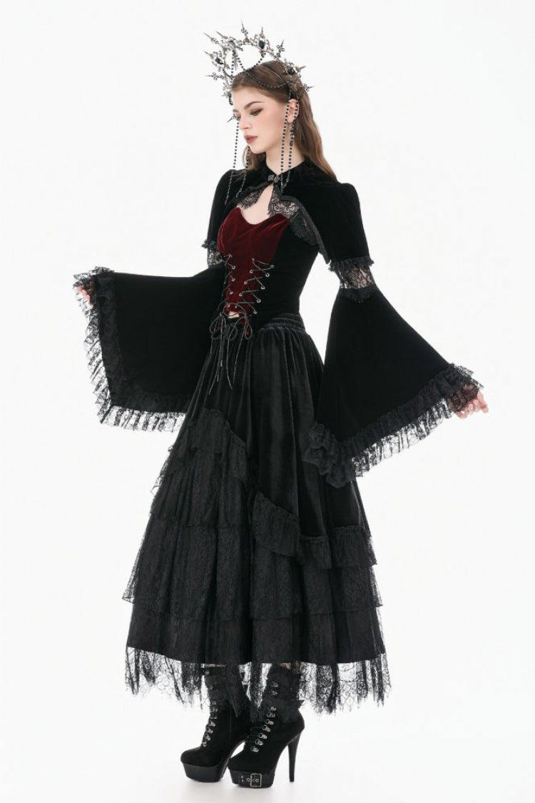 Gothic Shrug with Keyhole Mandarin Collar, Velvet Lace Splice & Flare Sleeves