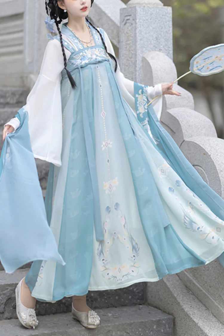 Azure Flared Sleeves High Waist Embroidered Chinese Hanfu Ensemble