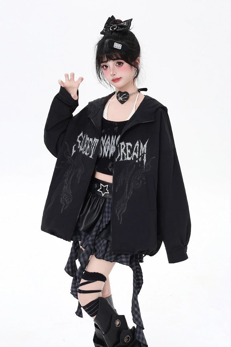 Loose Jirai Kei Gothic Coat with Print and Zipper, Long Sleeve
