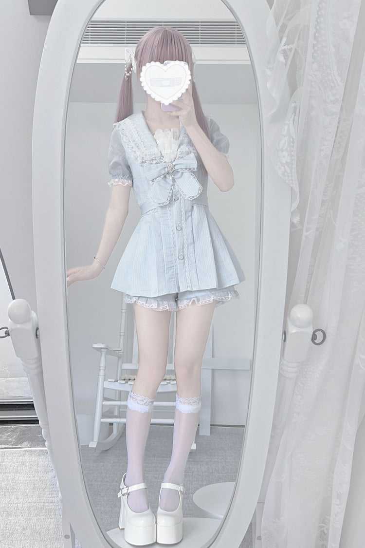 Sweet Jirai Kei Dress Set with Aqua Short Sleeves, Ruffle Bowknot, Lace