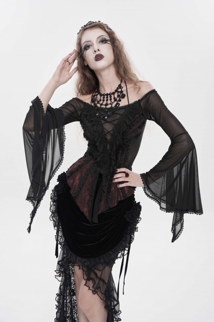 Crimson & Noir Off-Shoulder Long Bell Sleeve Ruffled Embroidered Lace-Up Gothic Blouse