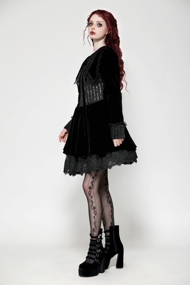 Gothic Velvet Short Dress with Lace Trim and Extended Sleeves