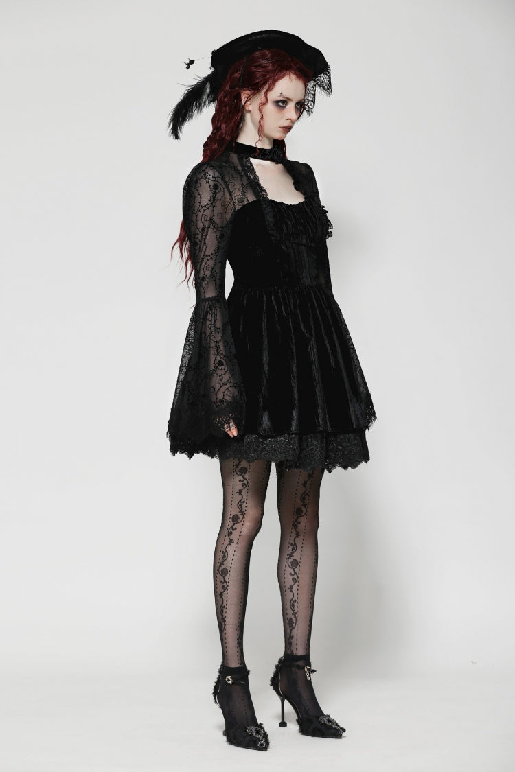 Floral Jacquard Lace-Up Mini Dress with Trumpet Sleeves and Cut-Outs