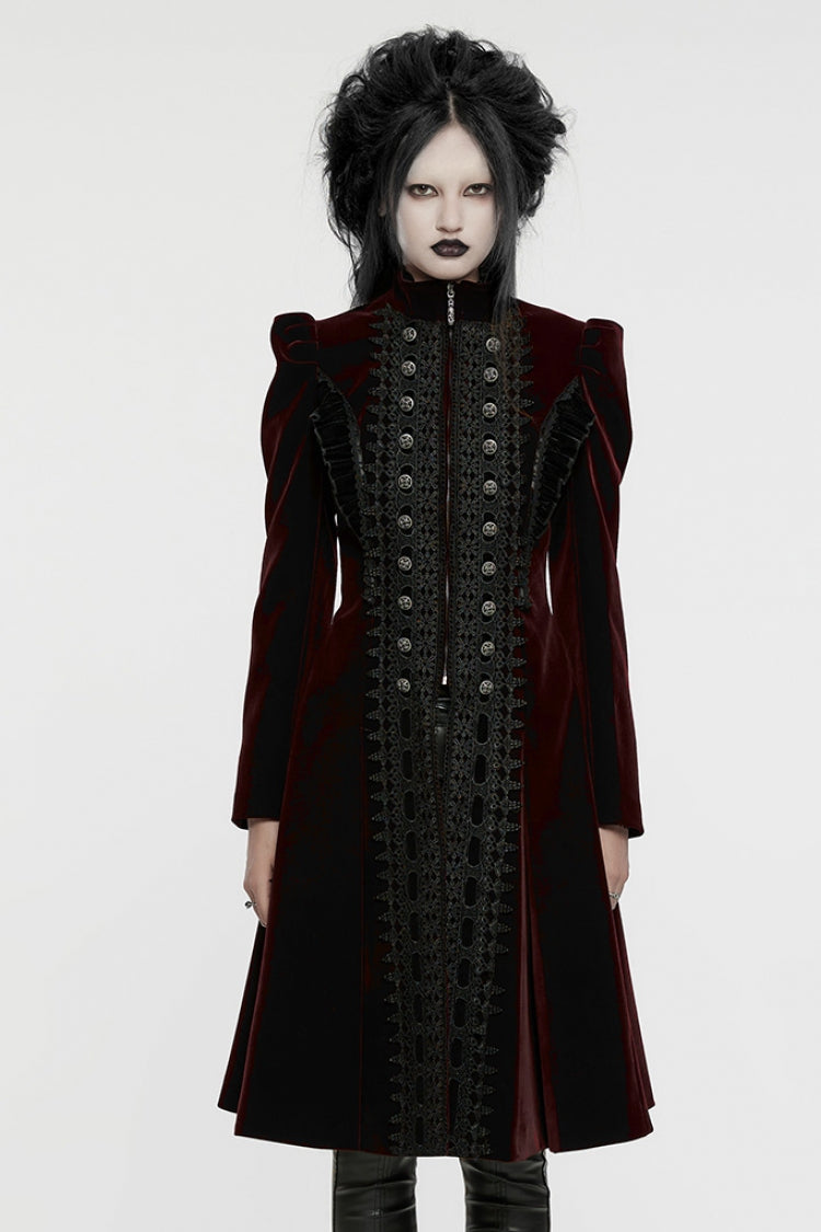 Crimson Noir Floral Embroidered Puff-Sleeve Women's Gothic Overcoat