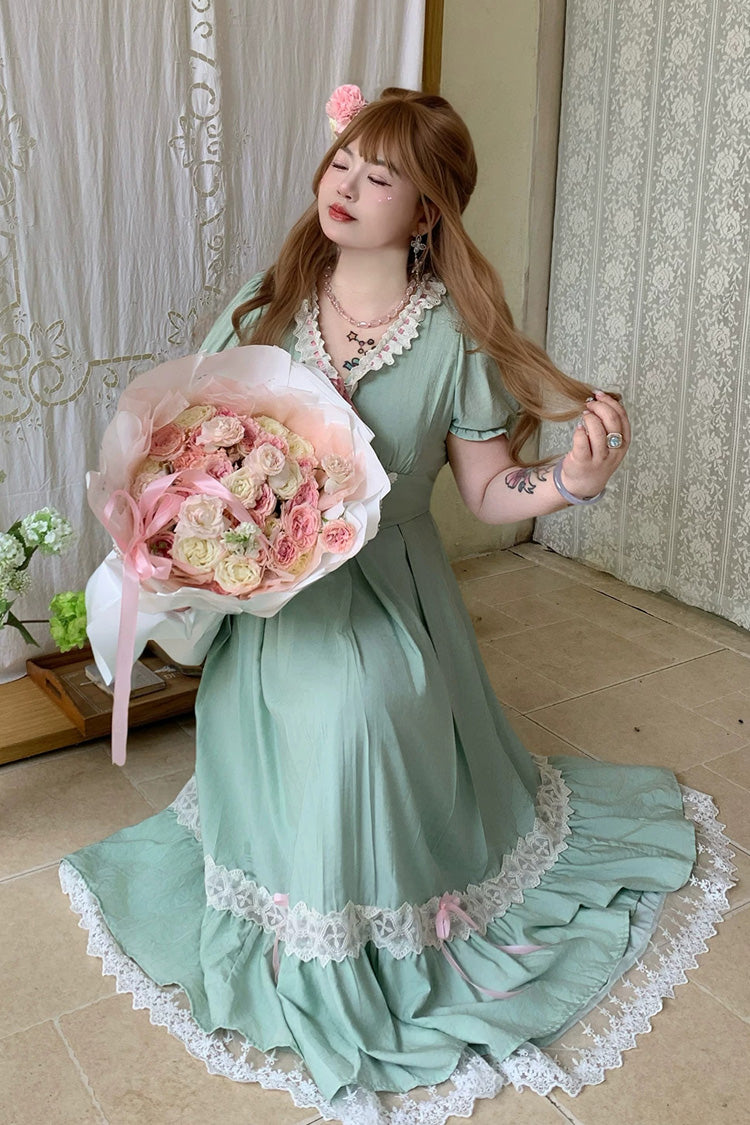 Emerald V Collar Short Sleeve Ruffled Lace Sweet Plus Size Lolita Gown