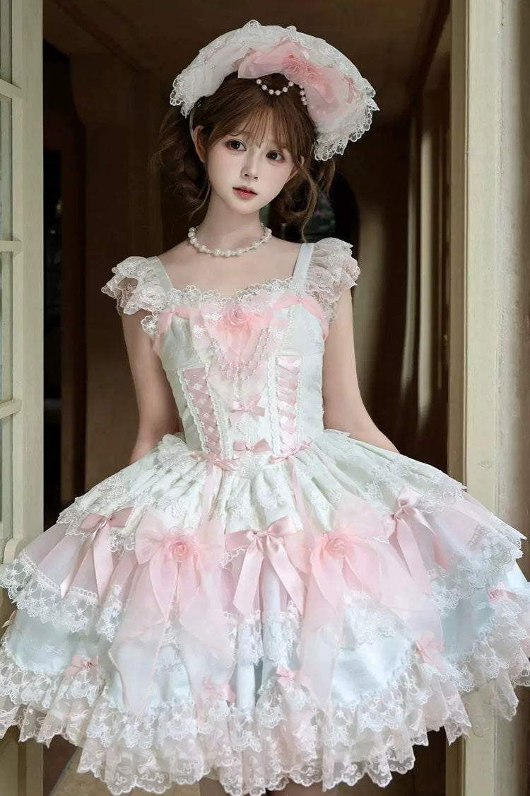 Pink Shadow Veil Square Collar Flutter Sleeves Multi-Layered Bow Lace Sweet Lolita Jsk Dress