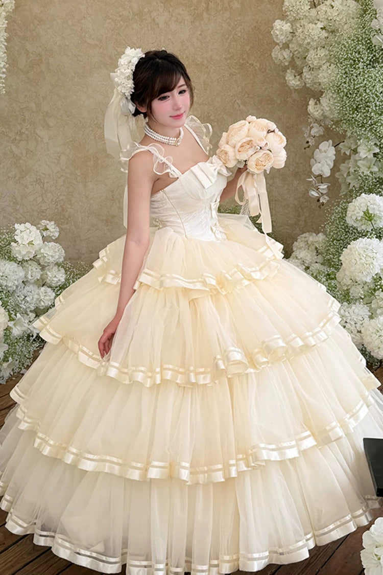 Sweet Organza Satin Sleeveless Multi-Layered Ruffled Hanayome Bow Lace Sweet Elegant Princess Lolita Jsk Dress