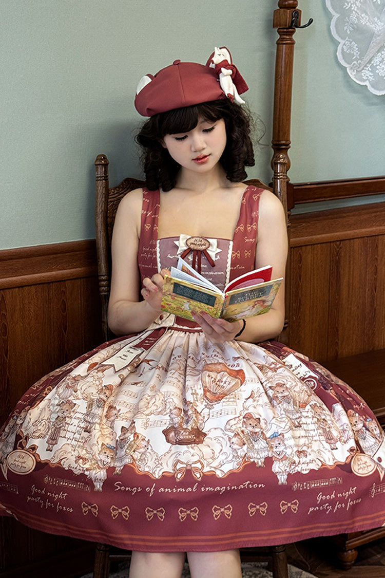 Burgundy Fox Band Print Square Collar Bow Classic Lolita Jumper Dress