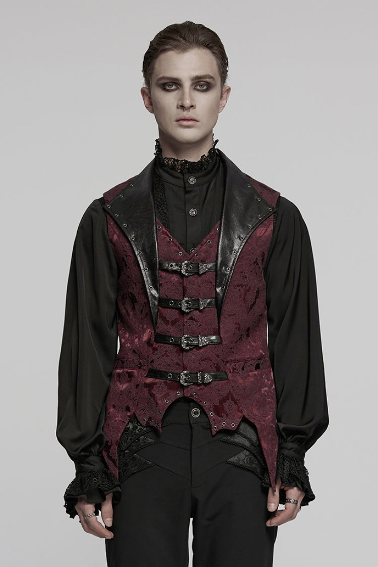 Crimson Noir Sleeveless V-Neck Buckle Jacquard Gothic Vest for Men