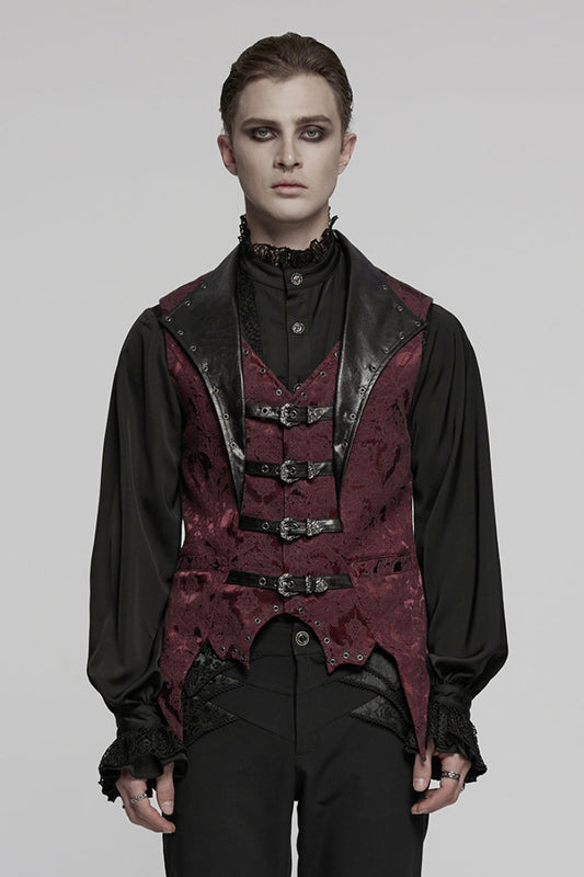 Crimson Noir Sleeveless V-Neck Buckle Jacquard Gothic Vest for Men