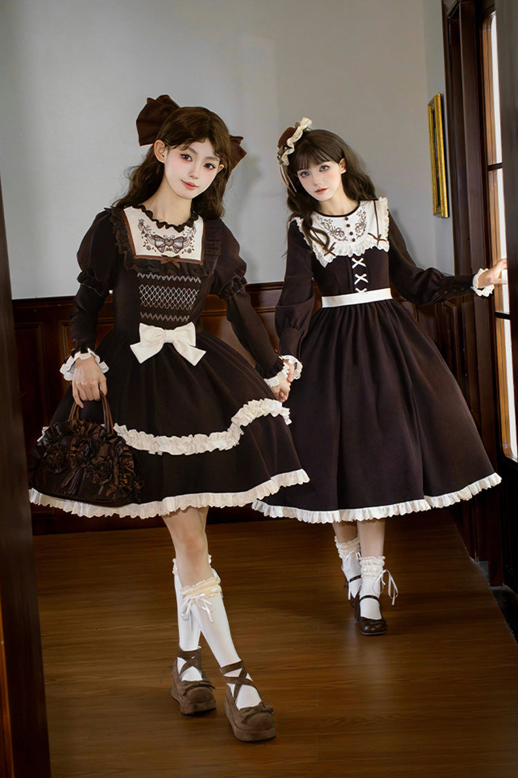 Chocolate Long Sleeve Embroidered Bouquet Ruffle Lolita Dress - Miss Brown