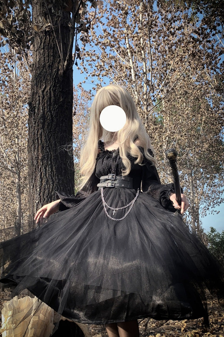 Gothic Plus-Size Lace Dress with Ruffle Bow Accents and Stitching, Long Sleeve