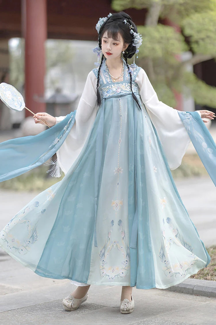 Azure Flared Sleeves High Waist Embroidered Chinese Hanfu Ensemble