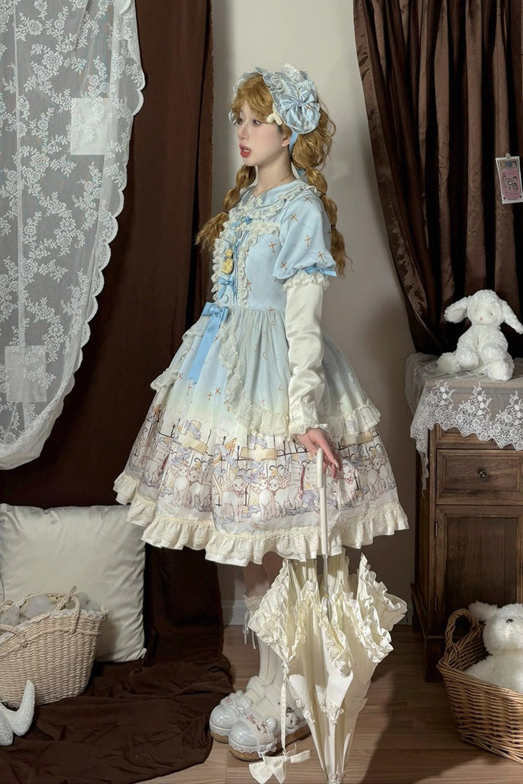 Lapel Collar Short Sleeve Printed Ruffled Bow Sweet Dress - Angel Lamb