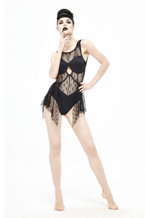Gothic One Piece Swimsuit with Back Lace Stitching, Cross Strap, Lace Up