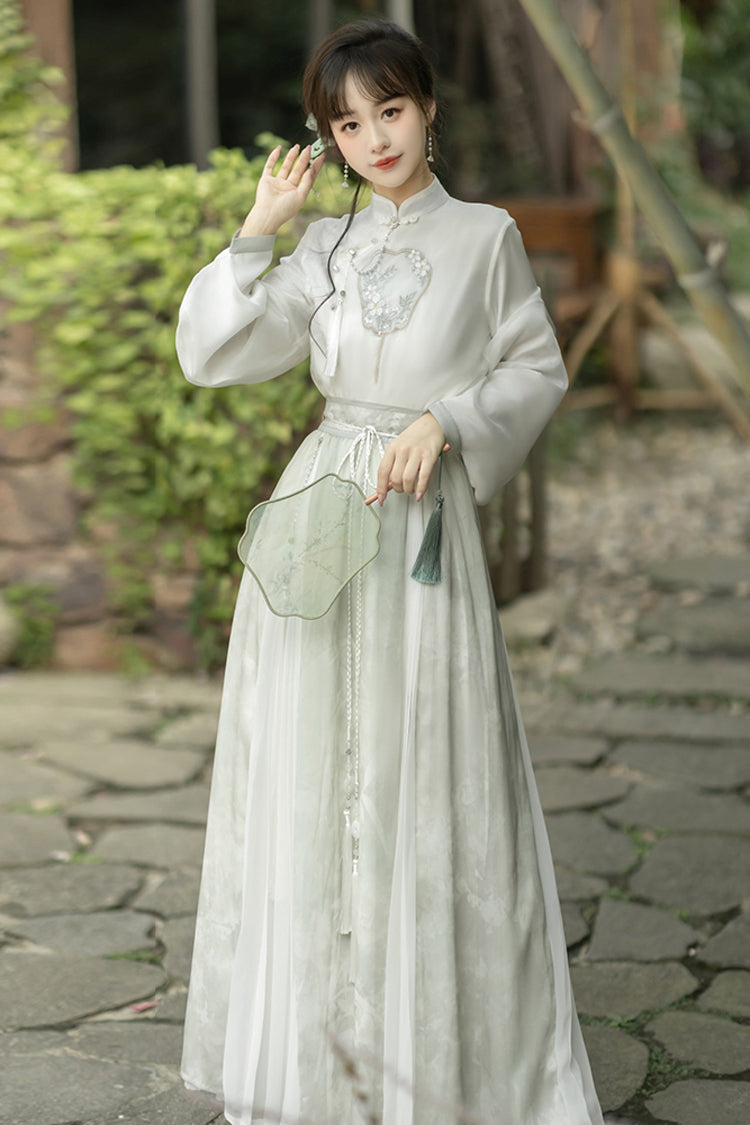 Emerald High-Waist Embroidered Mandarin Collar Puff Sleeve Hanfu Blouse and Skirt Set