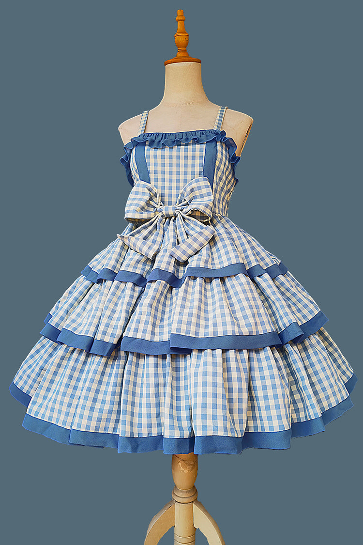 Triple-Layered Tartan Bow-Adorned Sweet Princess Gown with Ruffles - Cloth Cat