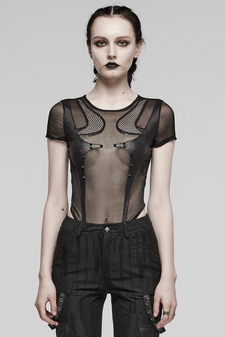 Sheer Mesh Punk Bodysuit for Women