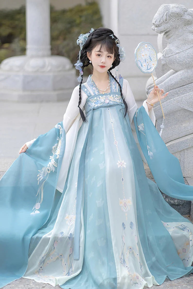 Azure Flared Sleeves High Waist Embroidered Chinese Hanfu Ensemble