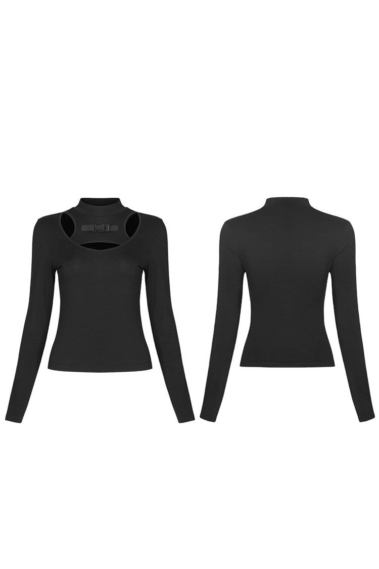 Punk High Collar Long Sleeve Tee with Chest Cutout in Black Knit