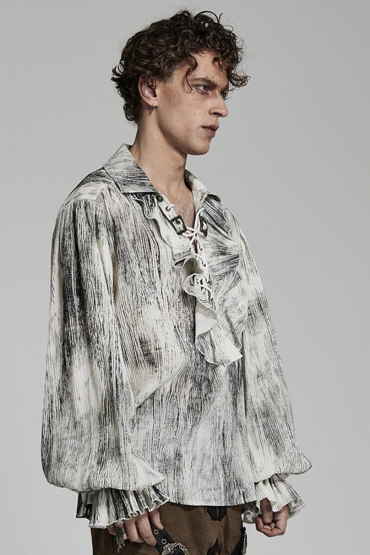 Gothic Men's Blouse with Lantern Sleeves and Ruffled V-Neck - Two Tones